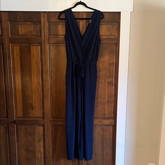 Monteau Pants - Monteau Navy Sleeveless V-Neck Jumpsuit with Tie Waist